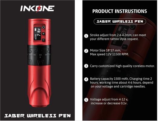 1500mAh draadloos tatoeagepistool INKONE SABER Coreless Tattoo Machine Pen Krachtige motor lange slag 4,2 mm vliegtuig aluminium leverancier